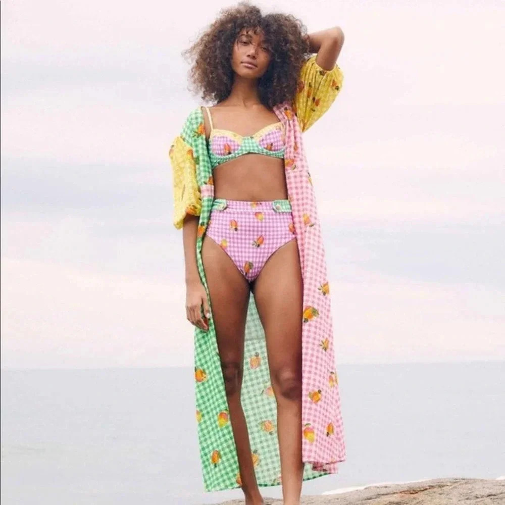 FARM Rio Green Pink Yellow Gingham Maxi Dress with Fruit Print - Picture 4 of 12